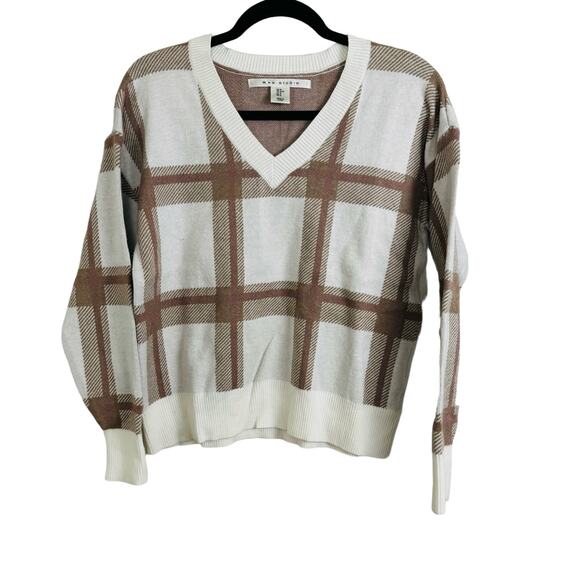 Max Studio Sweaters - Max Studio Window Pane Plaid Sweater V Neck White Brown Size Medium Rayon Blend